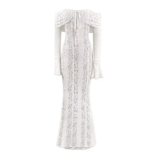 Suninheart White Off The Shoulder Bodycon Dress 2024 New in Flare Sleeve Elegant Lace Maxi Dress Wedding Guest Dress for Women - Image 6