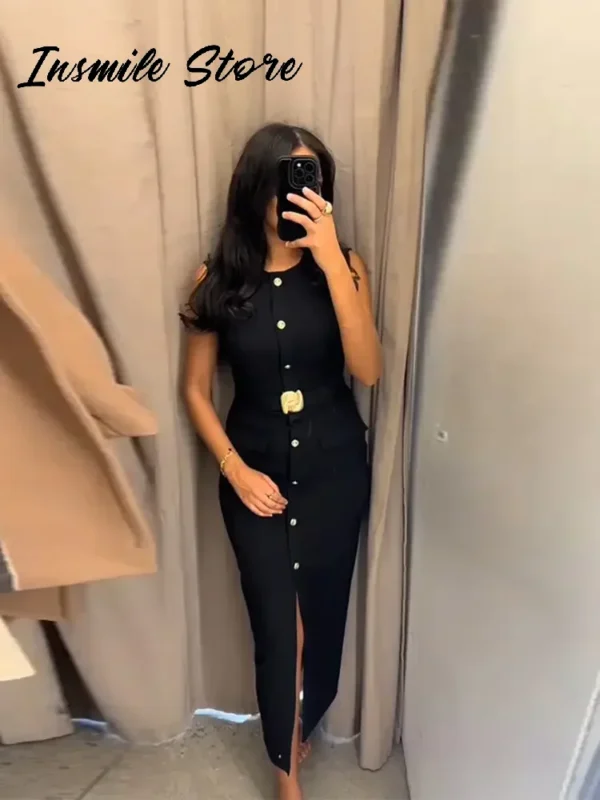 Elegant Black With Belt Women Dress O-neck Sleeveless Single Breasted Slim Female Maxi Dresses 2025 Summer New Chic Lady Robe - Image 2
