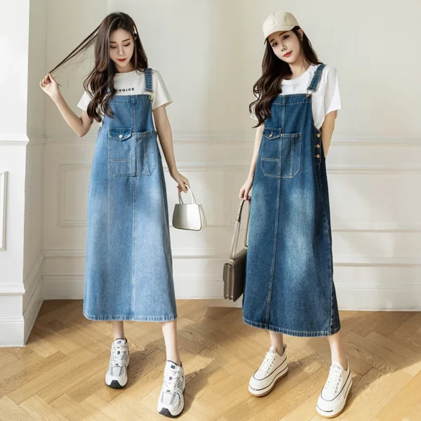Women Denim Dresses Spring Summer Large Pocket Loose Casual Mid Length Jean Suspender Straps Dress Korean Versatile Vestidos - Image 3