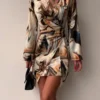 Women's Autumn New Long Sleeved Fashionable Printed Pleated Dress Sexy V-neck Irregular Casual Short Dress For Women - Image 2