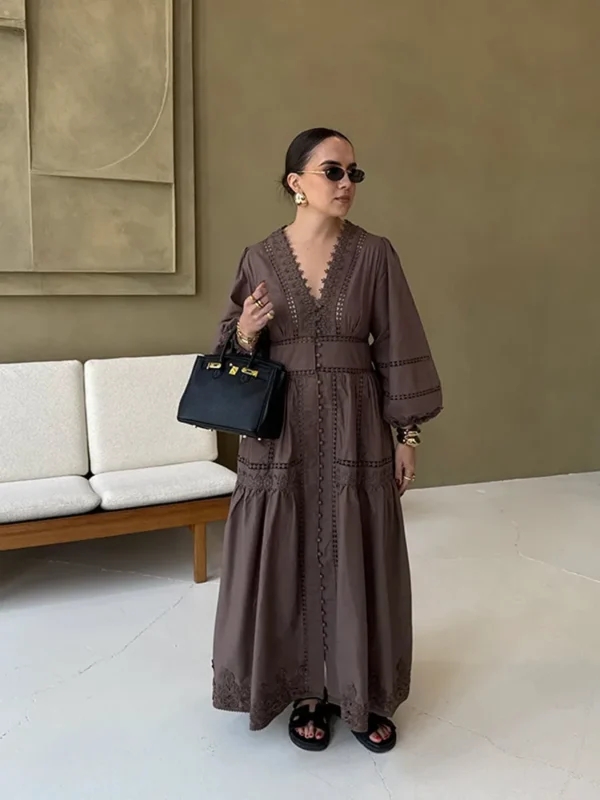 Elegant Lace Hollow Out Women's Long Dress Solid V-neck Patchwork Fuff Sleeve Bodycon Dressess Female 2025 Spring New Lady Robes - Image 4