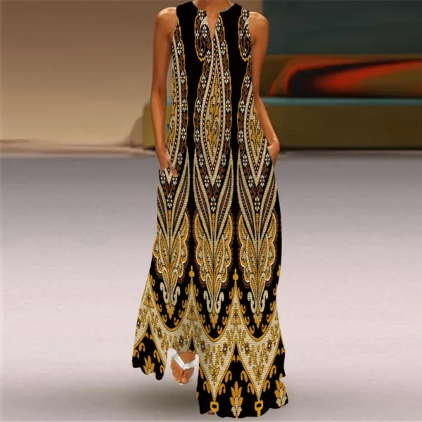 Vintage Print Maxi Dress For Women Summer Loose Sleeveless Long Dresses Elegant Lady V Neck Pocket Boho Beach Sundress Vestidos - Image 6
