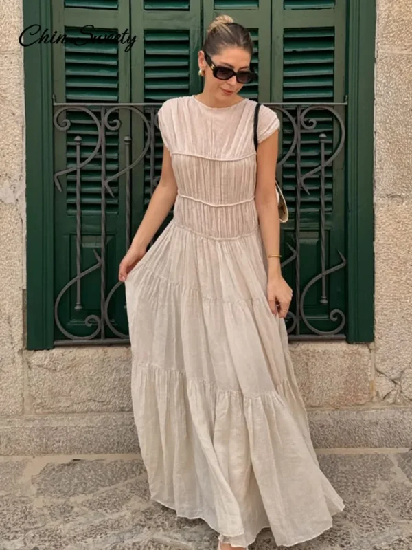 Summer Pleat Long Dress Women O-neck Backless Loose Maxi A-line Beach Vacation Dresses 2025 Fashion Lady Casual Apricot Robes - Image 2