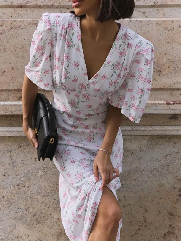 Tossy Printed V-neck Short Sleeve Long Dress Women's Fashion Slim Contrast Color Casual High Waist Commuting Pullover Long Dress