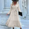2024 Women Casual Long Sleeve v Neck Fall Dress Bohemian Ruffled Relaxed Fit Solid Maxi Dresses Tiered Cocktail Dress - Image 6