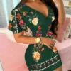 Summer Elegant Floral Print Bodycon Mini Dress Women 2024 Fashion Sexy Deep V-neck Package Hip Dresess Office Lady Party Dress - Image 3