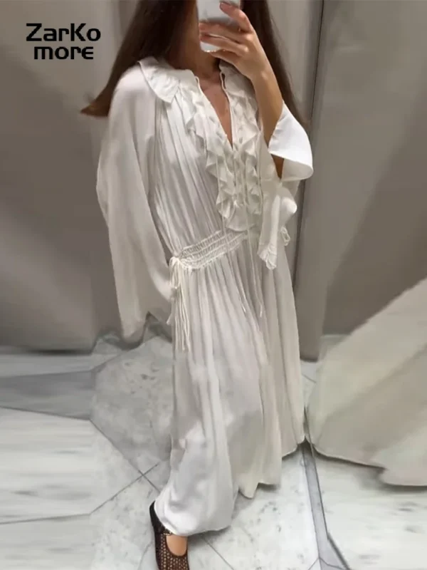 Boho White Long Dress Women Ruffle V-neck Full Flare Sleeves Loose Dresses Female 2025 Spring Summer Lady Beach Vacation Robes - Image 3