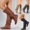 2025 New Women Flat Boots Fashion Pleated Leather Boots Autumn Winter Slip on Mid-Calf Shoes for Women Brand Designer High Boots