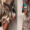 Women's Autumn New Long Sleeved Fashionable Printed Pleated Dress Sexy V-neck Irregular Casual Short Dress For Women - Image 6